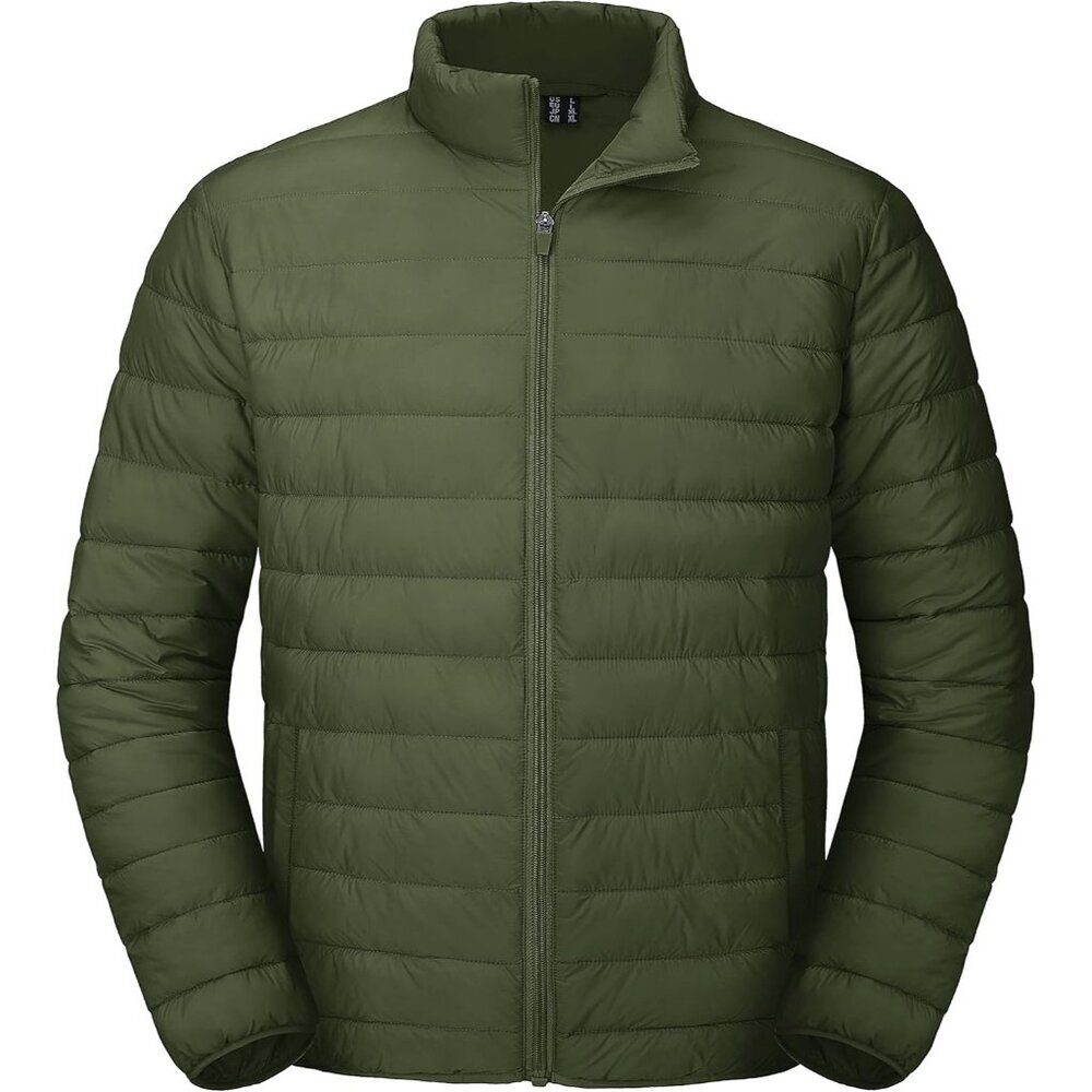 Mens Olive Green Stand-Up Collar Water Resistant Outerwear Quilted Puffer Jacket